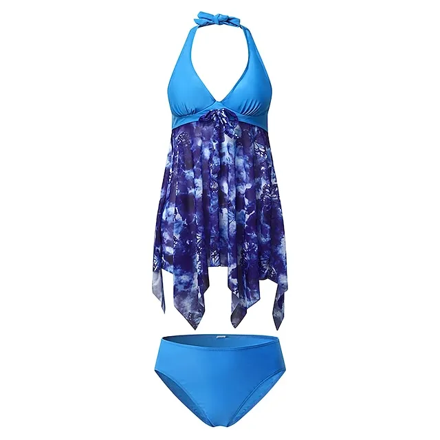 Women's Swimwear Tankini Swim Dress 2 Piece Plus Size Swimsuit Halter 2 Piece Modest Swimwear Push Up Open Back Floral Print Blue Halter V Wire Bathing Suits New Vacation Beach Wear