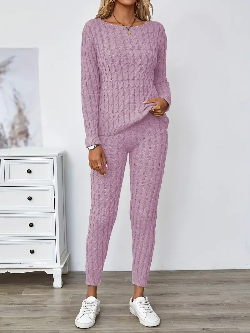 Solid Knitted Matching Two-piece Set, Casual Long Sleeve Sweater & Pants Outfits, Women's Clothing