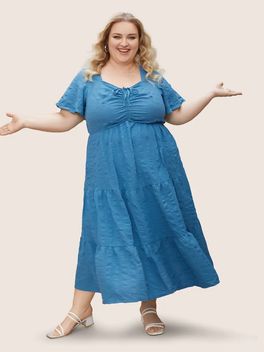 Plain Ruched Drawstring Pocket Ruffle Tiered Dress