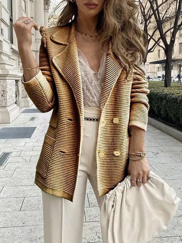 Lapel Collar Long Sleeve Plain Buckle Regular Micro-Elasticity Loose Blazer For Women