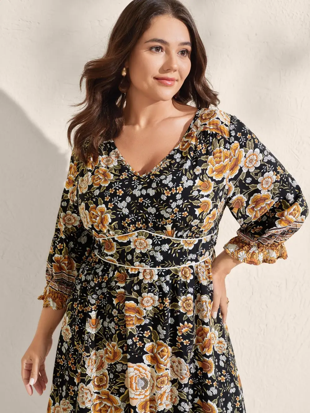 Floral Print Waist-Cinched Contrast Midi Dress