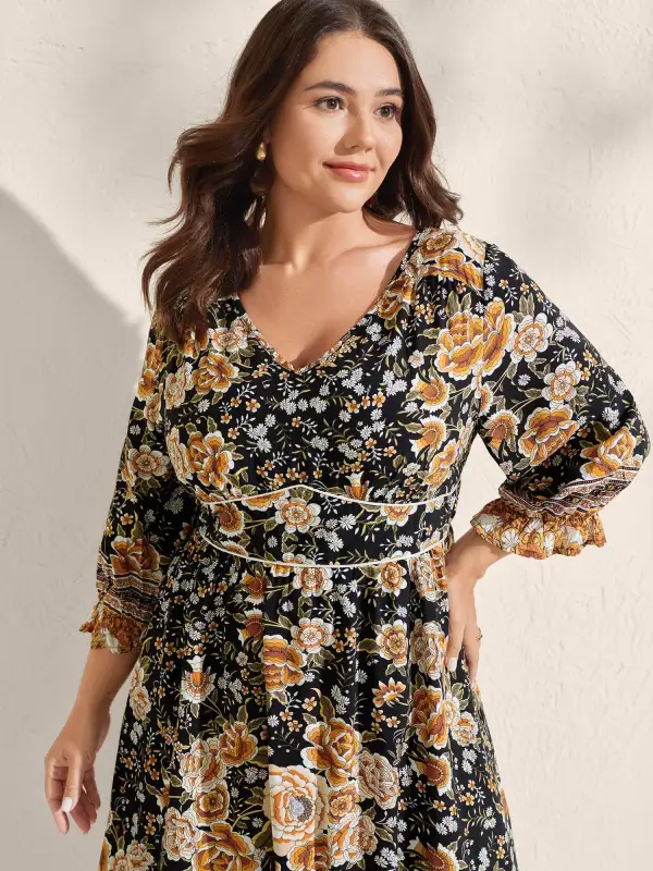 Floral Print Waist-Cinched Contrast Midi Dress