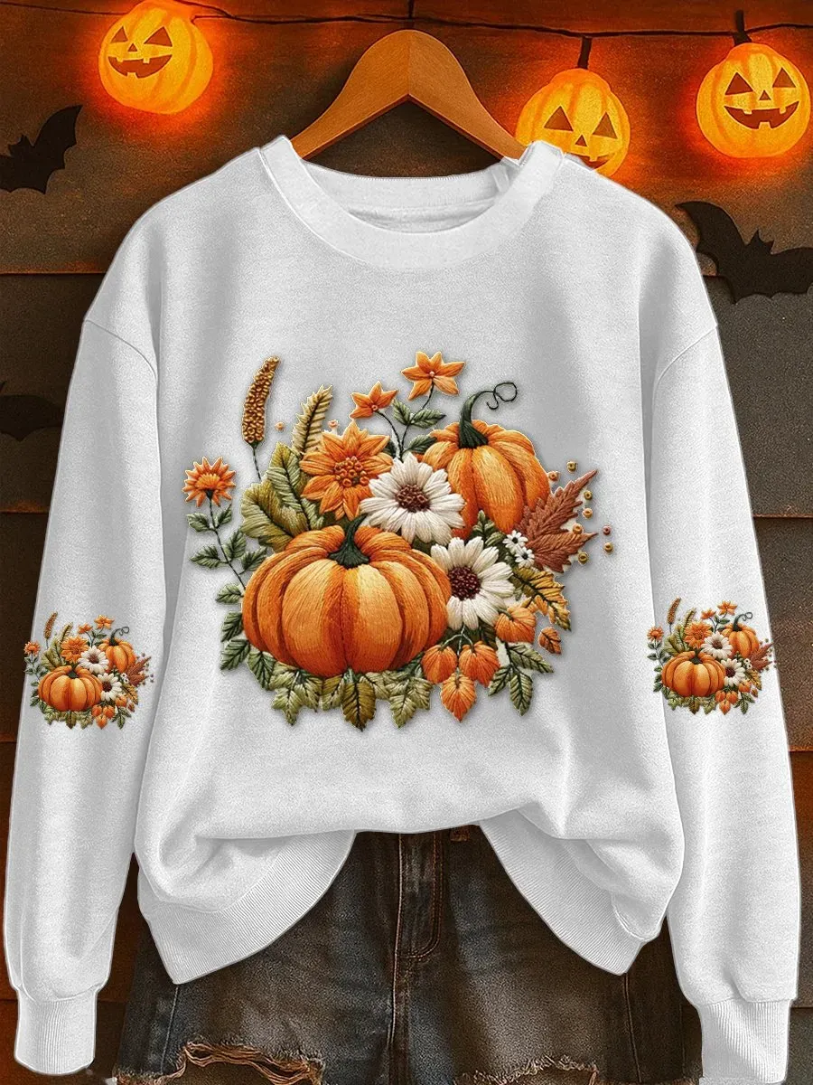 Women's Pumpkin Floral Print Casual Sweatshirt