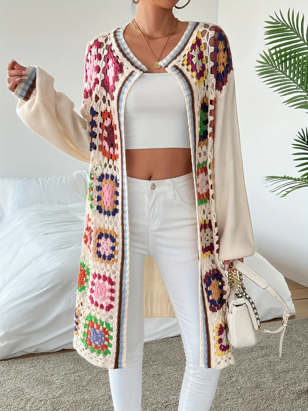 Colorful Crochet Open Front Cardigan, Versatile Drop Shoulder Long Sleeve Mid-length Cardigan For Spring & Fall, Women's Clothing