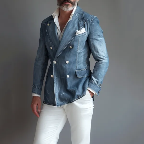 Men's Washed Denim Double Breasted Peak Lapel Blazer