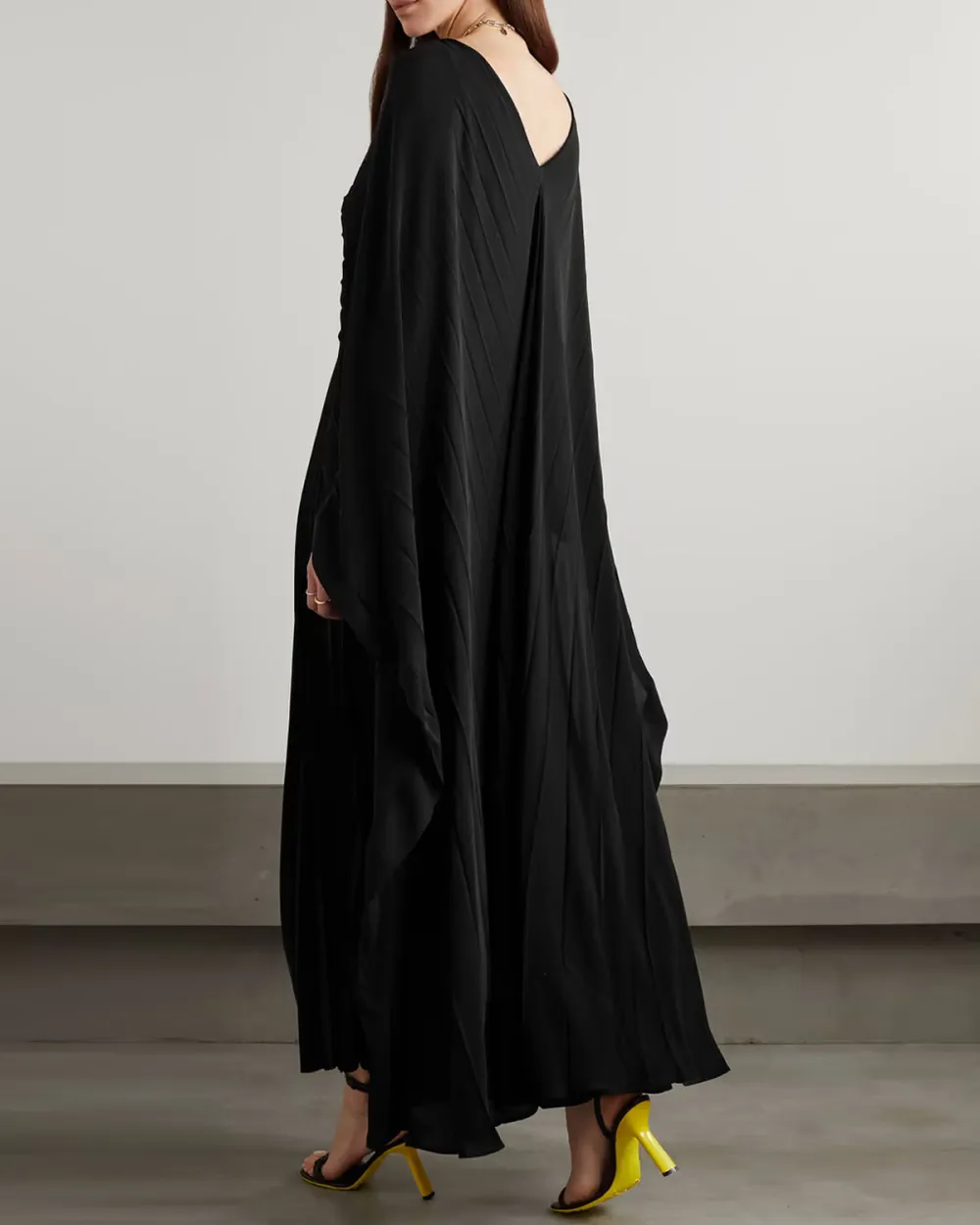 Cape-effect pleated silk maxi dress