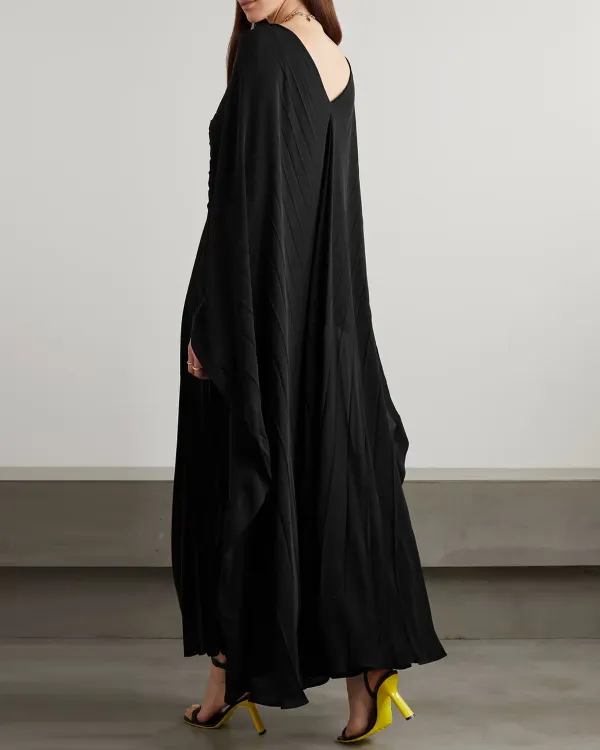 Cape-effect pleated silk maxi dress