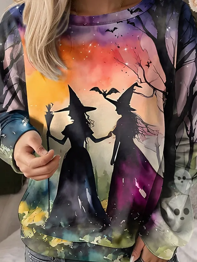 Women's Sweatshirt Halloween Witch Halloween Dailywear Print Blue Purple Orange Casual Loose Fit Crew Neck Long Sleeve Inelastic Spring Fall Winter
