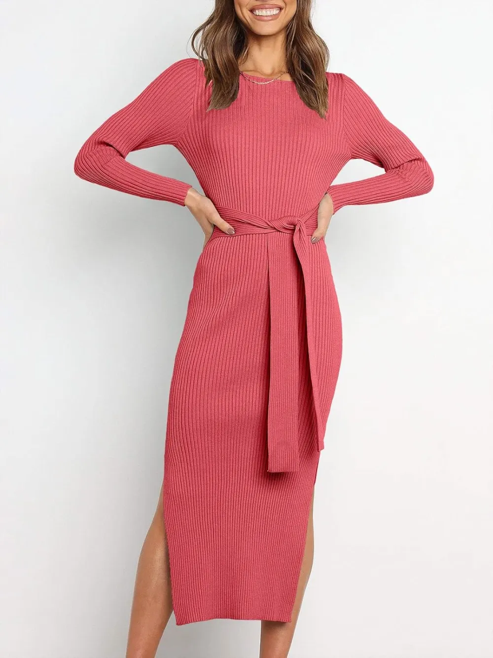 Long Sleeve Sweater Dress Crew Neck Slim Fit Slit Tie Waist 2024 Ribbed Knit Bodycon Midi Dress Fall Outfits