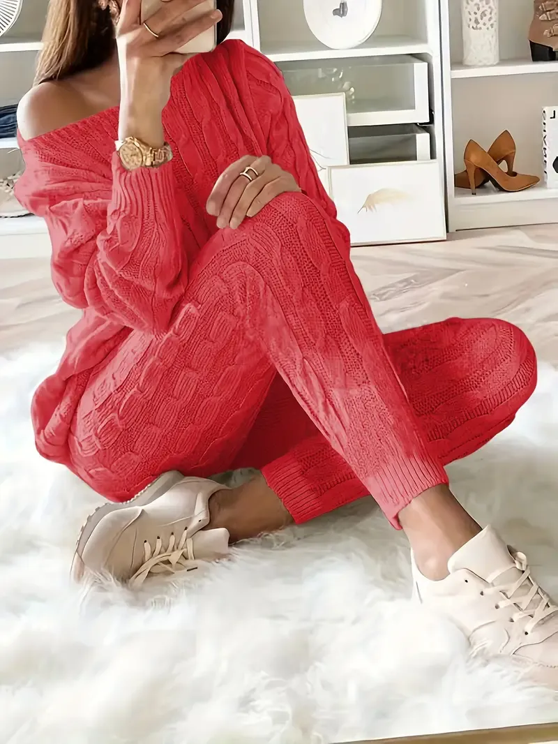 Solid Knitted Matching Two-piece Set, Casual Long Sleeve Sweater & Pants Outfits, Women's Clothing