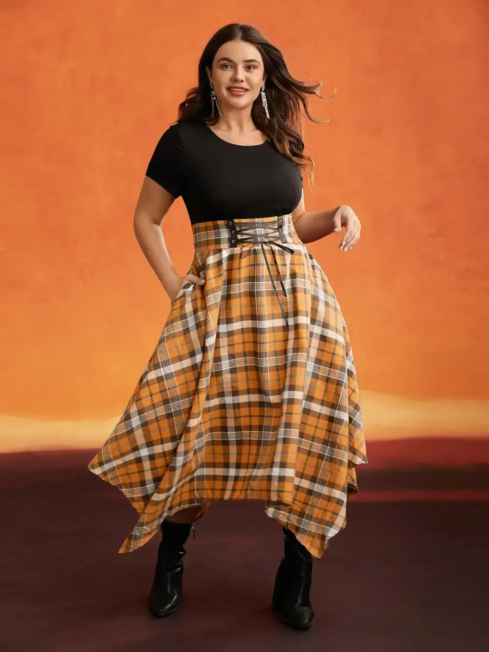 Elastic Plaid Asymmetrical Hem Dress