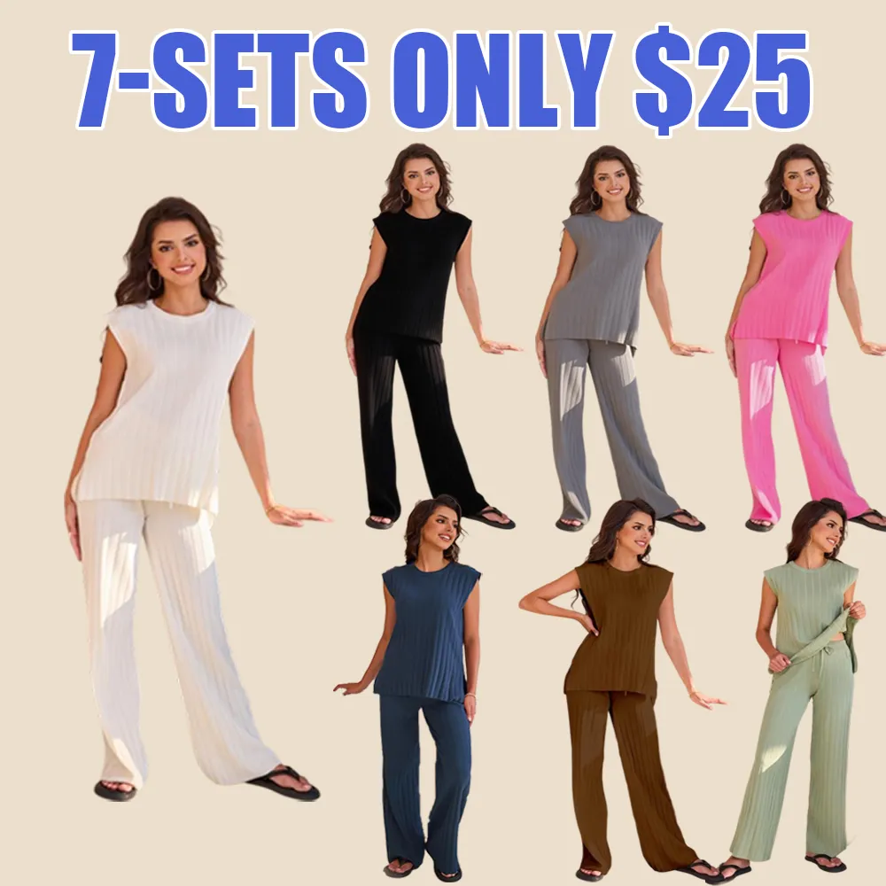 Women's 2-piece summer knit lounge set: short-sleeve pullover + high-waisted wide-leg pants.