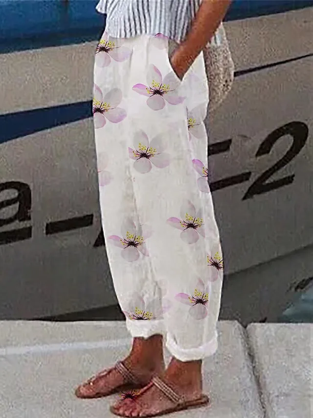 Women's Linen Pants Capri shorts Cotton And Linen White Pink Red Mid Waist Streetwear Casual Comfort Vacation Casual Daily Weekend Pocket Print Micro-elastic Long Comfort Floral S M L XL 2XL