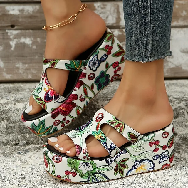 Women's Sandals Slippers Wedge Sandals Platform Sandals Plus Size Daily Beach Summer Platform Wedge Heel Open Toe Vintage Casual Faux Leather Loafer Color Block Black / White Snake pattern Black