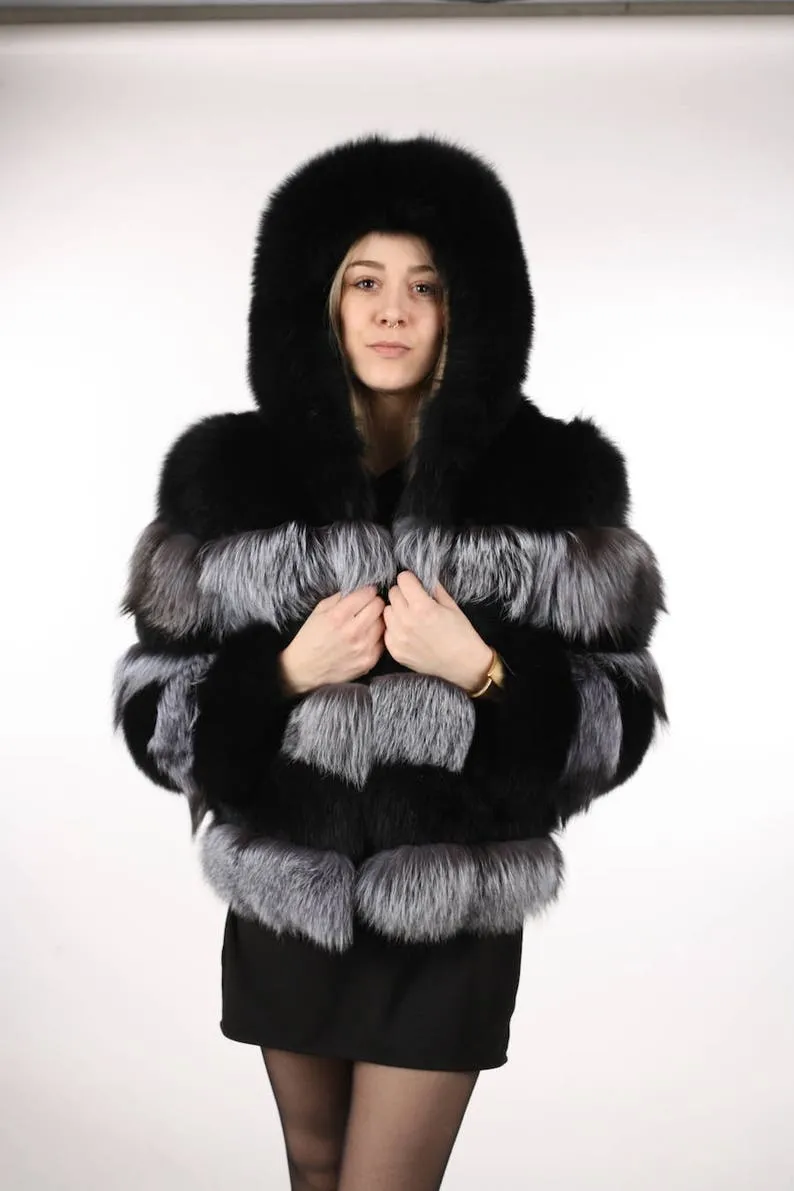 Black Fox with silver fox Fur Coat Women's