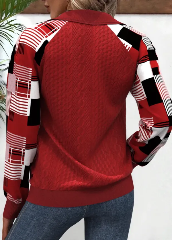 Red Patchwork Plaid Long Sleeve Turn Down Collar Sweatshirt