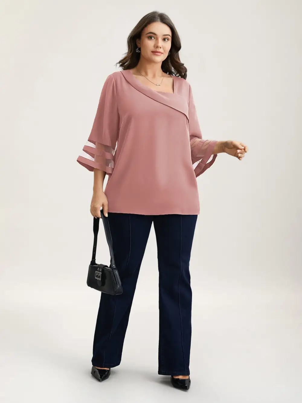 Sheer Sleeve Patchwork Asymmetrical Neckline Blouse
