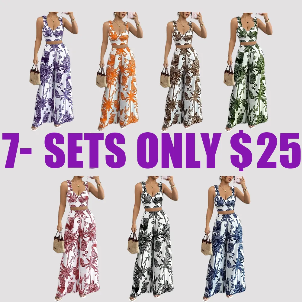 Women's 2-Piece Boho Print Crop Top & Wide Leg Pants Set – Sleeveless Beach Outfit for Summer Vacation