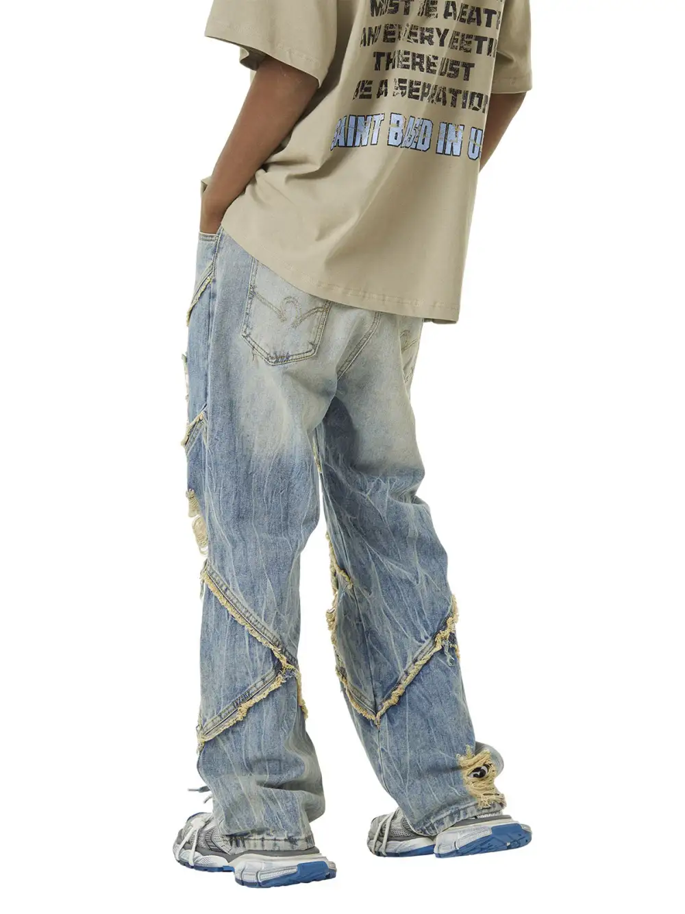 Heavy Washed Ripped Plaid Stitching Hip-Hop Jeans - 2174
