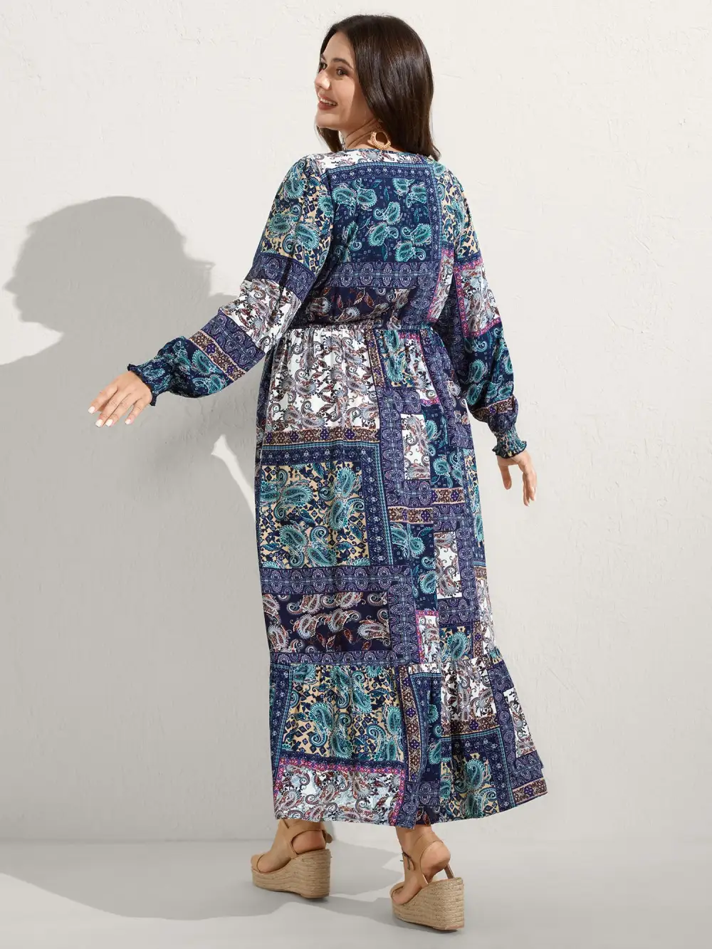 Rayon Floral Collage Shirred Maxi Dress