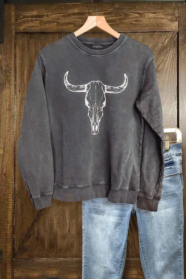 Vintage Cow Skull Print Sweatshirt