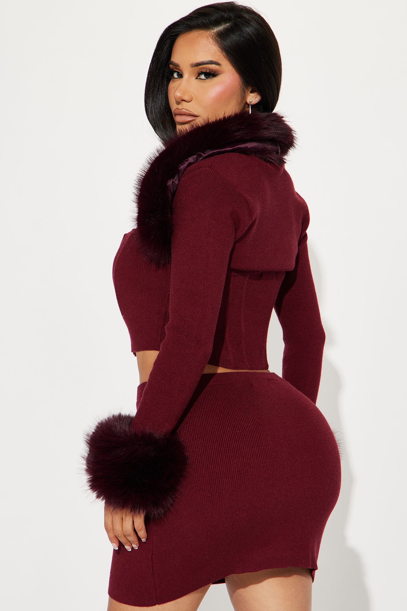 Sara 3 Piece Sweater Skirt Set - Wine