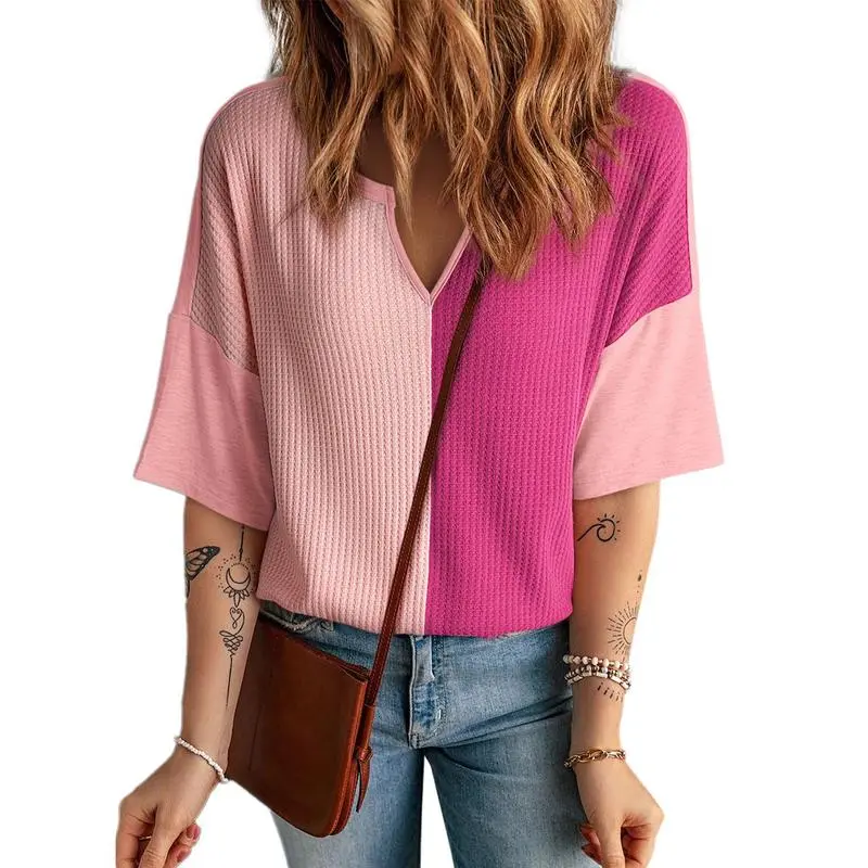 Women's Colorblock Waffle Knit Tops – 2025 Summer Fashion Half Sleeve V-Neck Casual Blouses