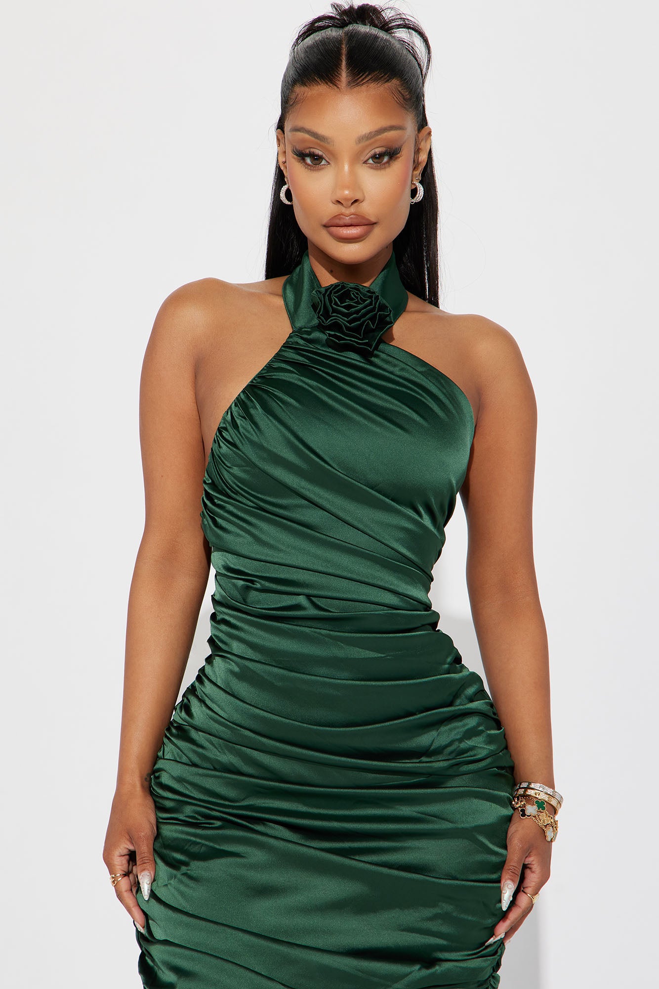 When In Rome Rosette Satin Midi Dress - Hunter
