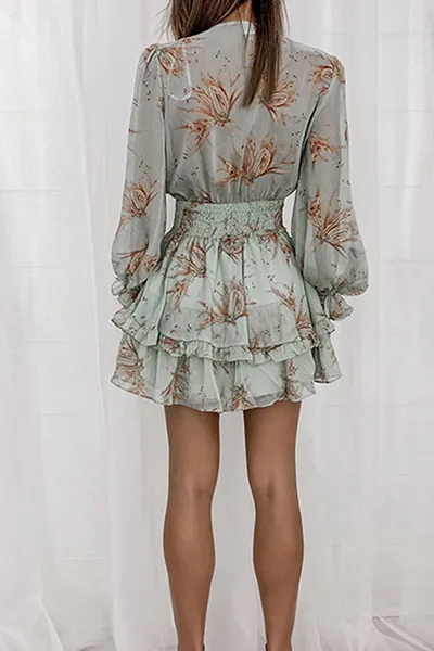 Fashion Elegant Floral Flounce Strap Design V Neck Dresses