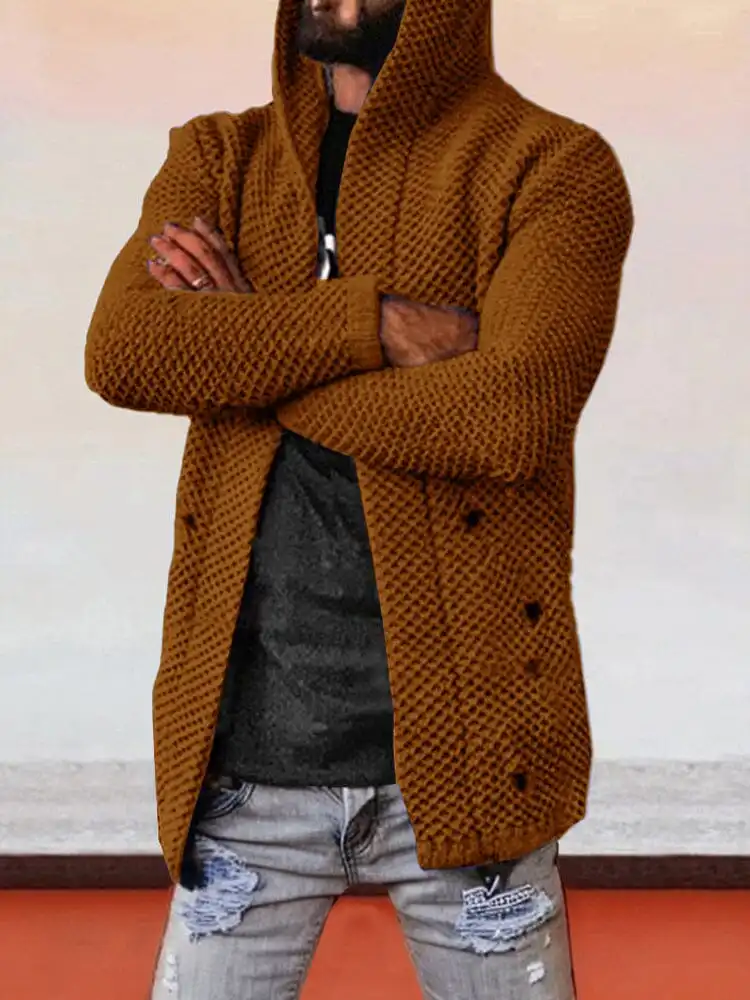 Solid Hooded Holey Sweater Coat