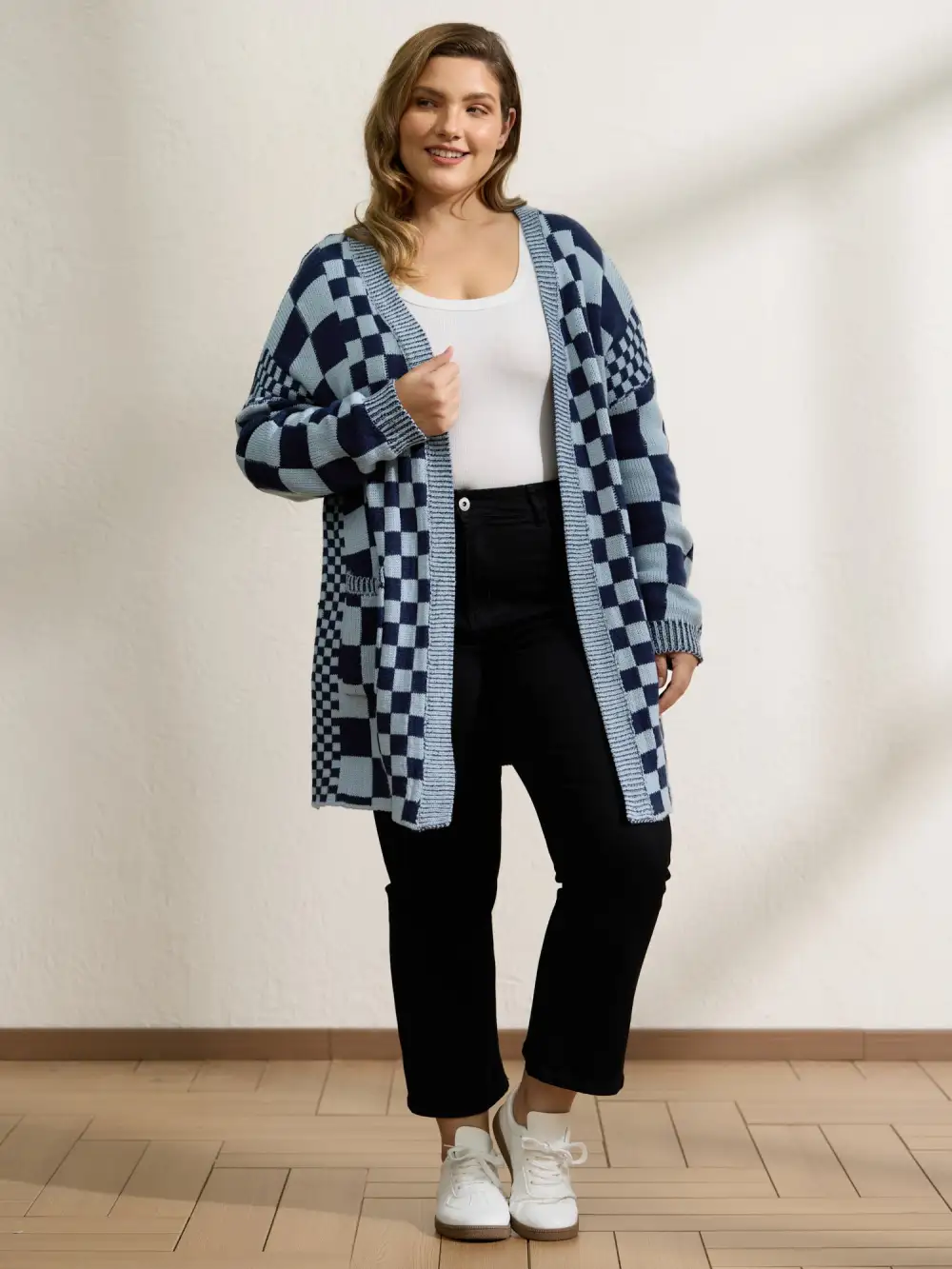 Checkered Relaxed-Fit Drop Shoulder Cardigan