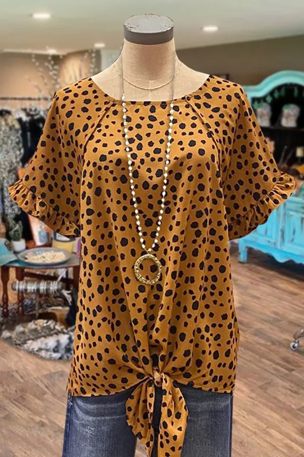 Leopard Print Ruffle Sleeve Tied Short Sleeve Blouse