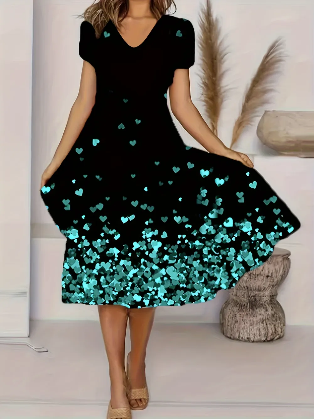 Vibrant Floral Print V-Neck Short Sleeve Casual Dress