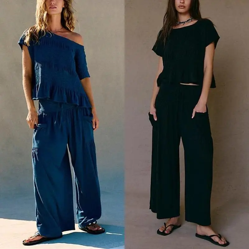 Women’s Smocked Top & Wide-Leg Pants Set – High-Waisted Lounge Outfit with Pockets