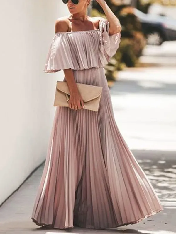 Loose Pleated Solid Color Off-The-Shoulder Maxi Dresses