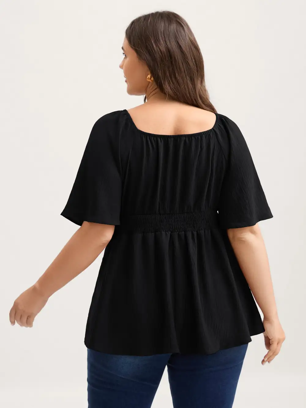 Stretchy Neckline Waist-Cinched Solid Blouse