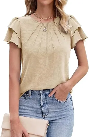 ✨Women’s Casual Blouses Ruffle Short Sleeve T Shirts Pleated Crew Neck Tops