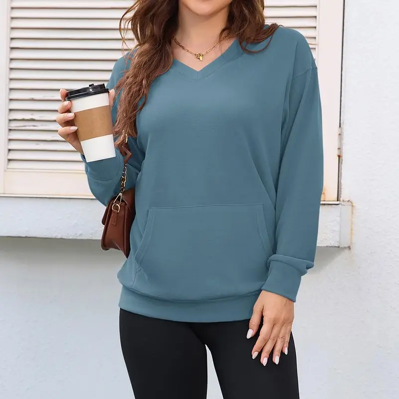 Women's Hoodless V-neck Sweatshirt With Kangaroo Pocket