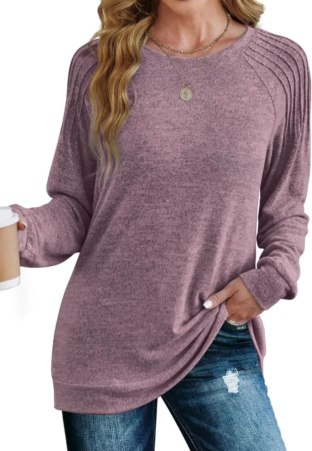 Sweatshirt for Women Crewneck Pleated Long Sleeve Shirts Tunic Tops Fashion 2024