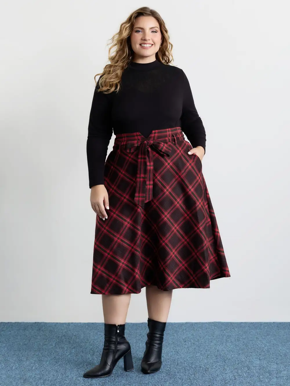 Plaid Waist-Tie Flowy Midi Skirt