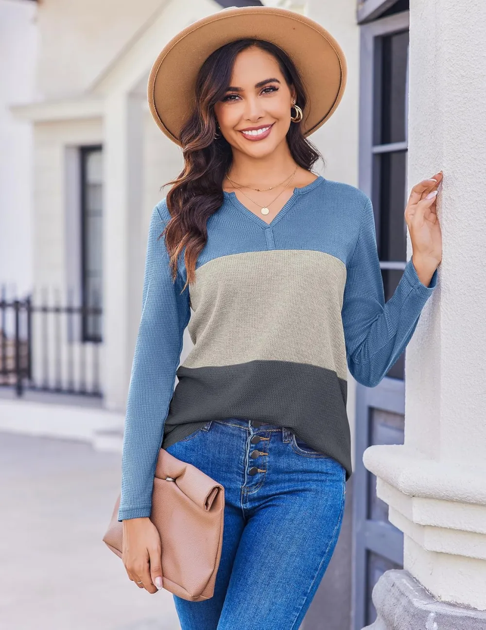 Women's Waffle Shirts V Neck Long Sleeve Tops Color Block T-Shirts Casual Tunics 2024 Fashion Basic Tees