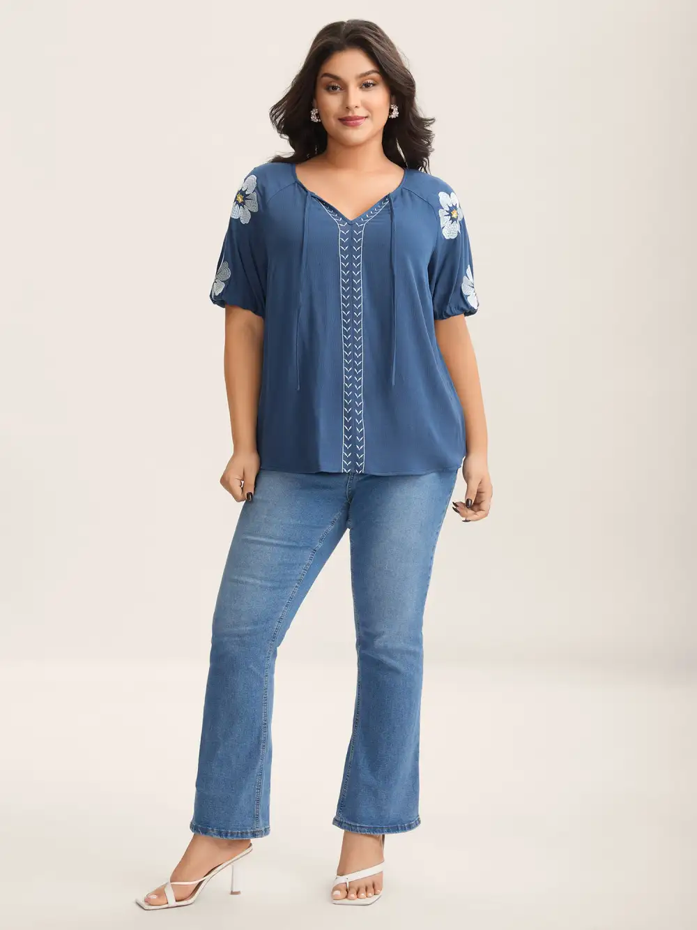 Floral Embroidery Textured Neck Tie Blouse