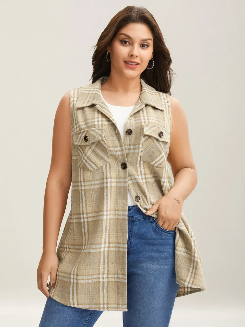 Plaid Flap Detail Sleeveless Jacket