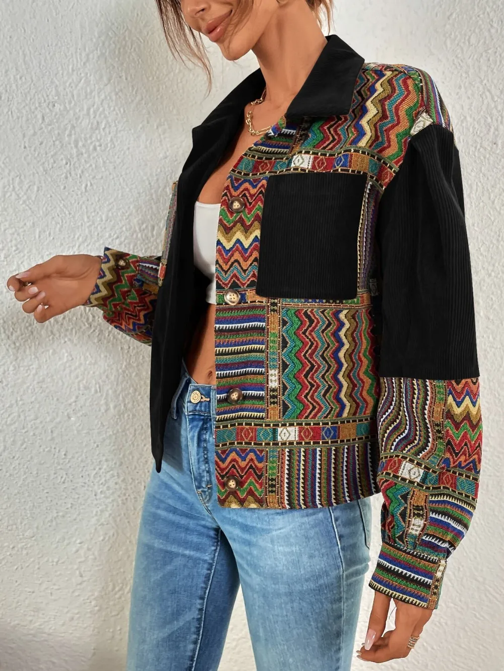 Geo Print Drop Shoulder Corduroy Jacket