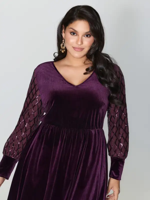 Velvet Sequin Sheer Sleeve Midi Dress