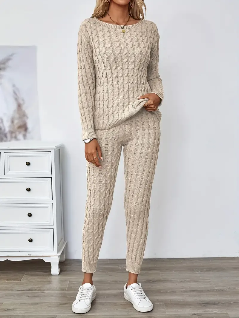 Solid Knitted Matching Two-piece Set, Casual Long Sleeve Sweater & Pants Outfits, Women's Clothing