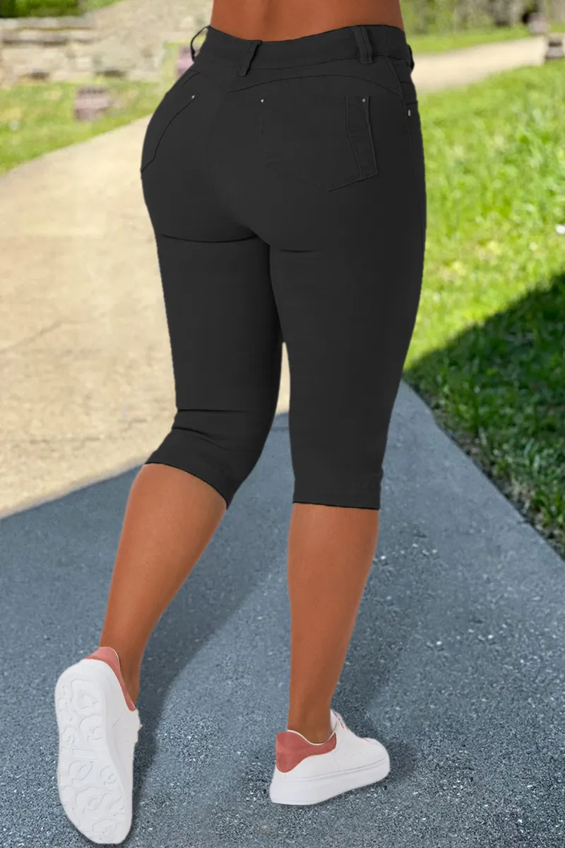 Solid Button Fly High Waist Capri Jeans