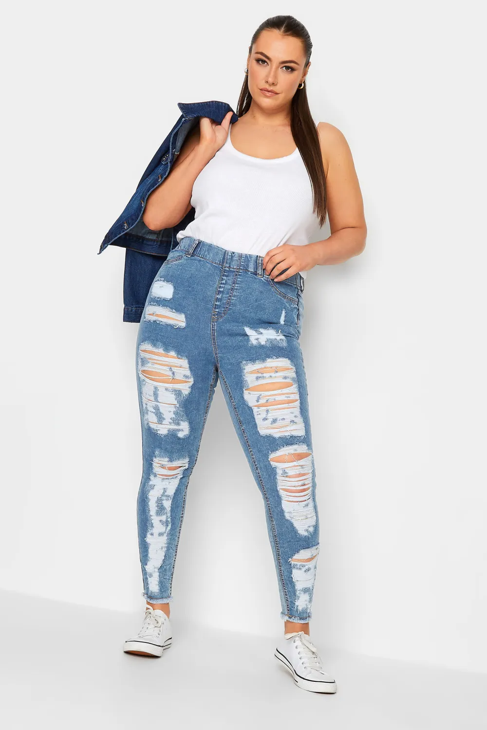 YOURS Curve Washed Blue Frayed Ripped Stretch GRACE Jeggings
