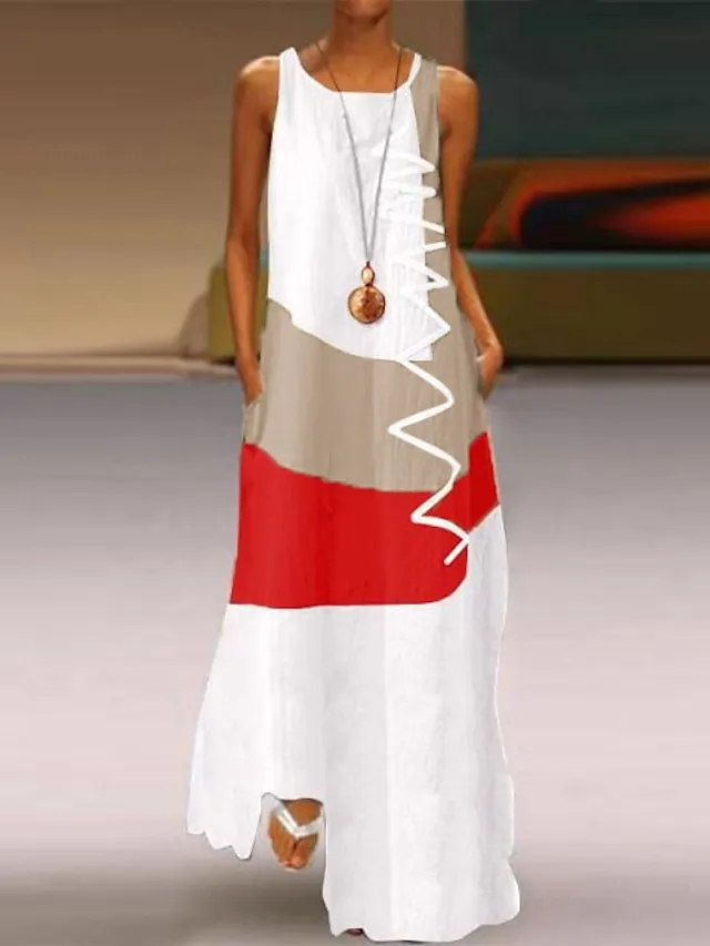 Women's Casual Dress Boho Dress Long Dress Maxi Dress Blue Khaki Red Sleeveless Graphic Print Fall Spring Summer Crew Neck Fashion Daily Vacation Summer Dress 2023 S M L XL XXL 3XL 4XL 5XL
