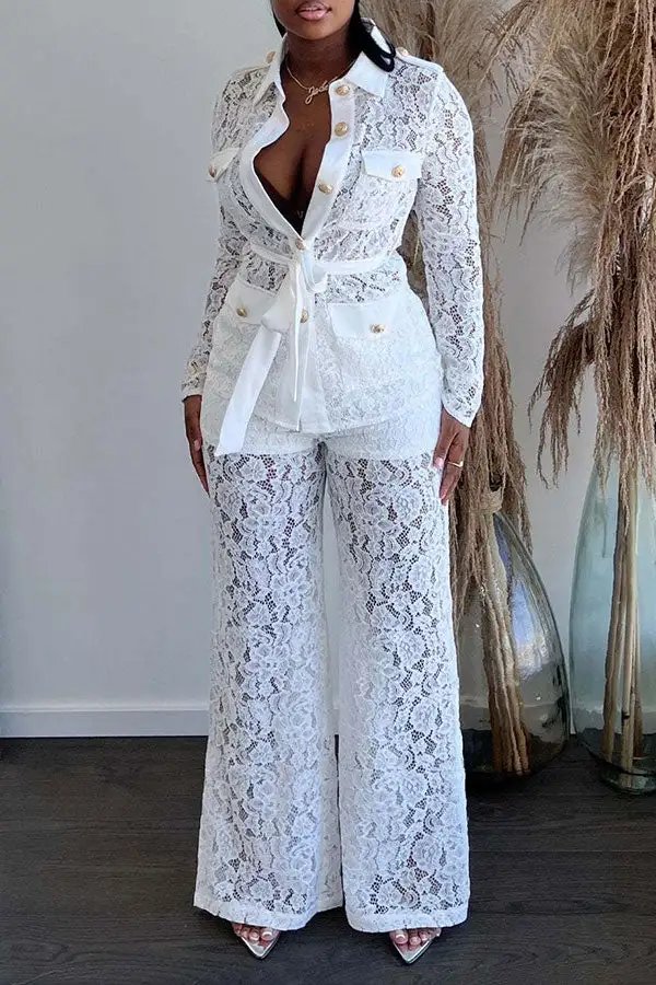 Lace Classic Single Breasted See-Through Pant Suit